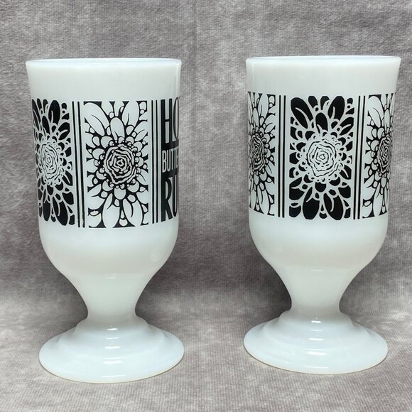 2 Vintage Milk Glass "Hot Buttered Rum" Pedestal Mugs With Black Floral Design - Picture 3 of 9